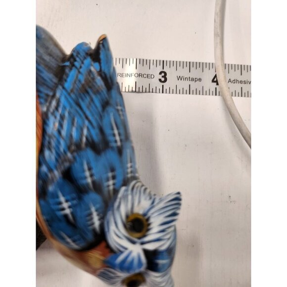 Vintage 1988 Enesco Hand Painted Ceramic Blue Owl Figurine Mounted On Wood Decor - Picture 9 of 9